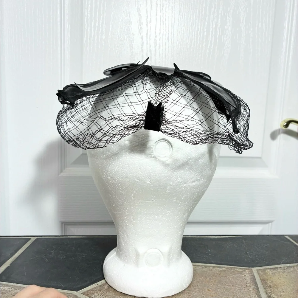 50s Mr. Lesley Veiled Cocktail Hat Black UNION MADE USA Vintage